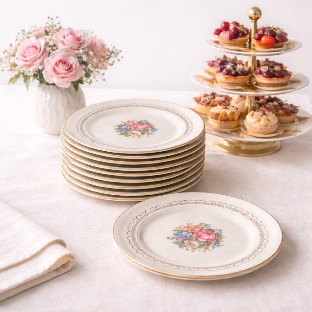 Salem Symphony "Corsage" 6.5" Floral Dessert Plates Set of 10 | VTG USA 23K Gold